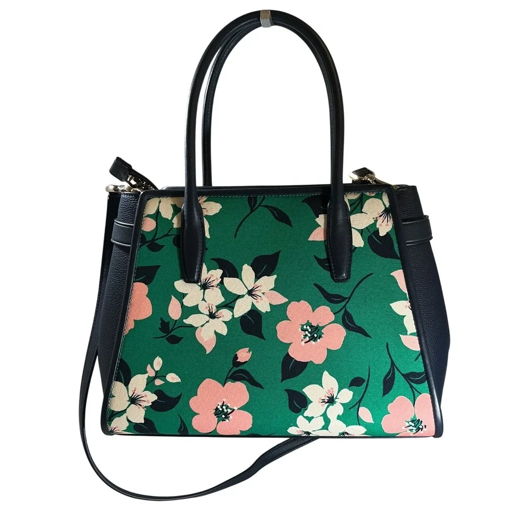 Kate Spade Lucia‎ Lily Blooms Medium Canvas Satchel Navy Leather Trim Handbag